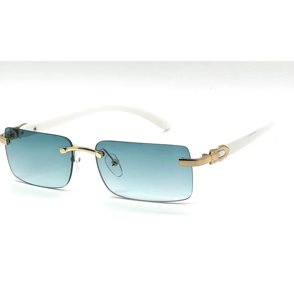 Rimless Sunglasses Green Lens Gold Accents White Arms Men's Fashion‎ Small Gafas
